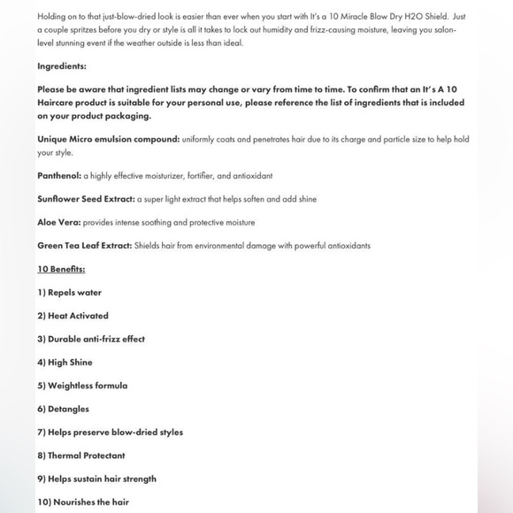 It’s a 10 Blow Dry Miracle H2O Shield Spray NEW! FULL SIDE! 6 fl oz - Picture 14 of 16